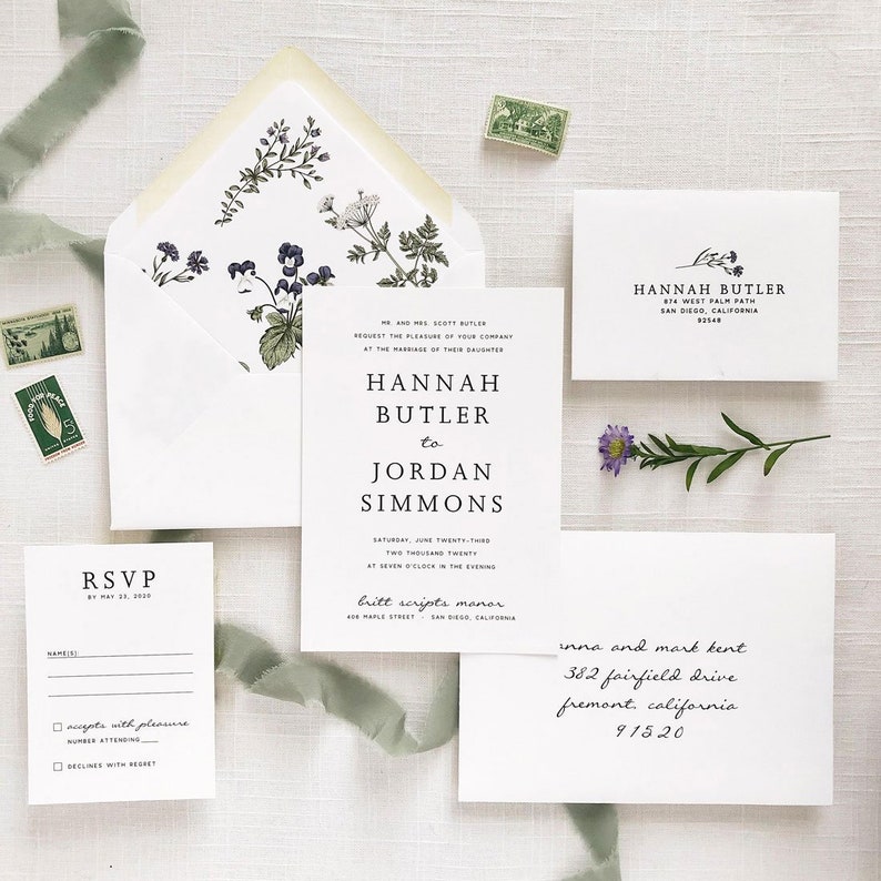 May include: A wedding invitation suite with a floral design. The invitation card features the names Hannah Butler and Jordan Simmons, the wedding date, and the location. The RSVP card includes a space for the guest's name, a checkbox to accept or decline the invitation, and a space for the number of guests attending. The envelope is lined with a floral pattern.
