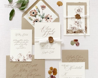 Autumn Script Wedding Invitation with Daisy Floral Envelope Liner - Hand Torn Wedding Invitation printed on Cotton Cardstock - Sample Set
