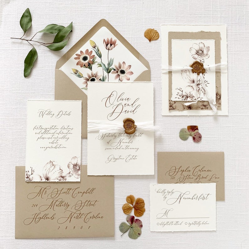Autumn Script Wedding Invitation with Daisy Floral Envelope Liner Hand Torn Wedding Invitation printed on Cotton Cardstock Sample Set image 1