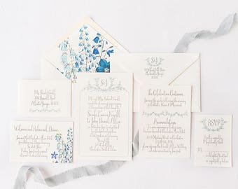 Bluebell Wedding Invitation - Classic Wedding Invitation - Botanical Envelope Liners - Blue Wedding Invitation - SAMPLE SET