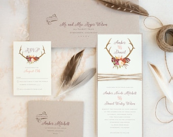 Rustic Antler Wedding Invitation Suite with Twine Wrap - Marsala Wedding Invitations - Boho Antler Invitation - Fall Wedding - SAMPLE