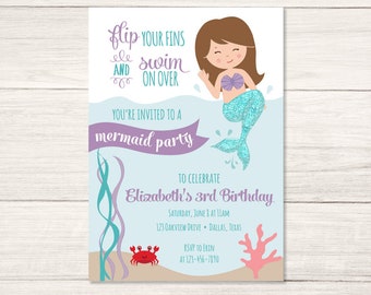 Mermaid Birthday Party Invitations - Available in purple/turquoise or coral/turquiose