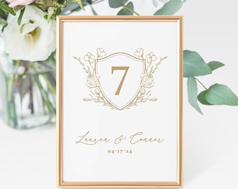 Gold Crest Table Numbers - gold table number cards - wedding table numbers - reception table numbers
