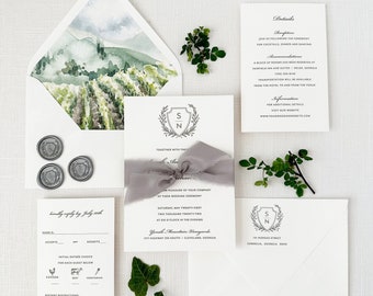 Classic Crest Wedding Invitation with Vineyard Envelope Liners - Traditional Wedding Invitation - Classic Invitation Sample Set