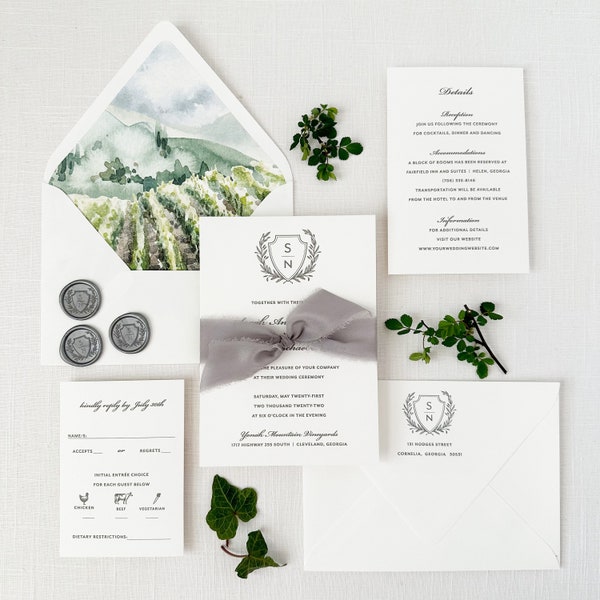 Classic Crest Wedding Invitation with Vineyard Envelope Liners - Traditional Wedding Invitation - Classic Invitation Sample Set