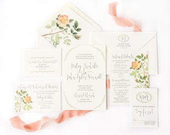 Greenery Wedding Invitation with Peach Rose Envelope Liners - Greenery Invitation - Peach and Green Invitations - SAMPLE SET