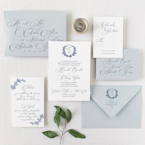 Dusty Blue Crest Wedding Invitations printed on Cotton Cardstock with handtorn edges - Sample Set