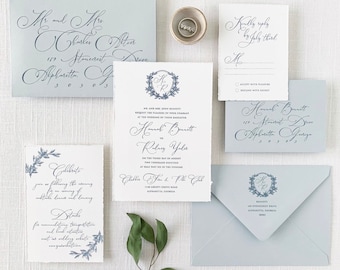 Dusty Blue Crest Wedding Invitations printed on Cotton Cardstock with handtorn edges - Sample Set