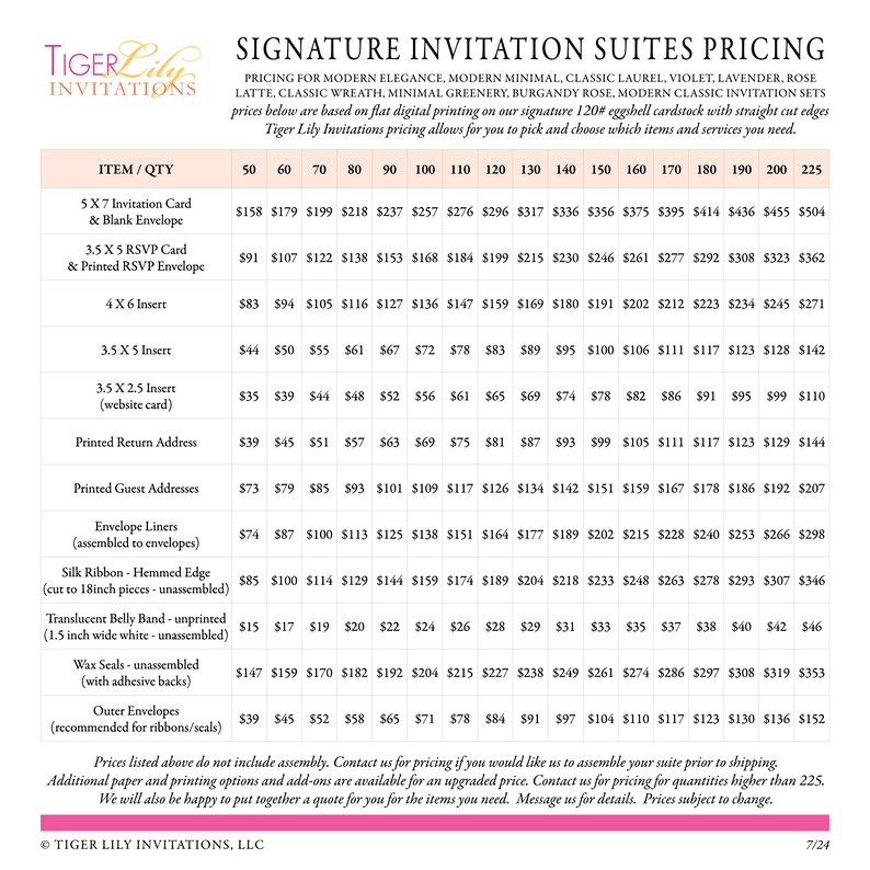 May include: A pricing chart for wedding invitation suites from Tiger Lily Invitations. The chart lists different invitation items and their corresponding prices in US dollars. The prices vary based on the quantity ordered. The chart includes items such as invitation cards, envelopes, inserts, return address labels, guest address labels, envelope liners, silk ribbon, belly bands, wax seals, and outer envelopes.