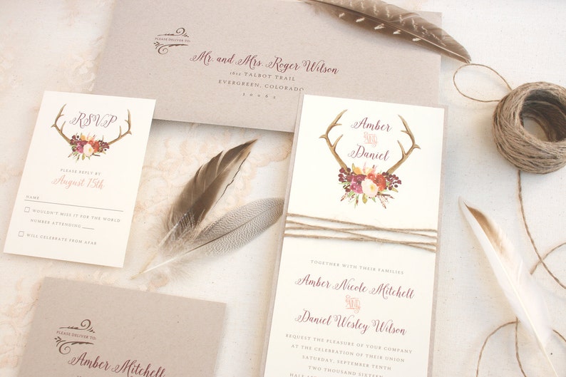 Rustic Antler Wedding Invitation Suite With Twine Wrap - Etsy
