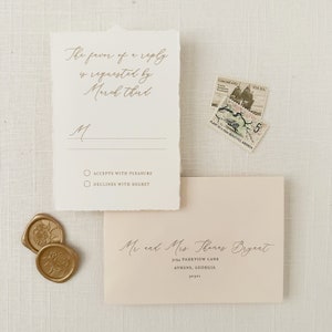 Gold Crest Wedding Invitation printed on Cotton Cardstock with Hand Torn Edge and Vintage Envelope Liner Sample Set image 3