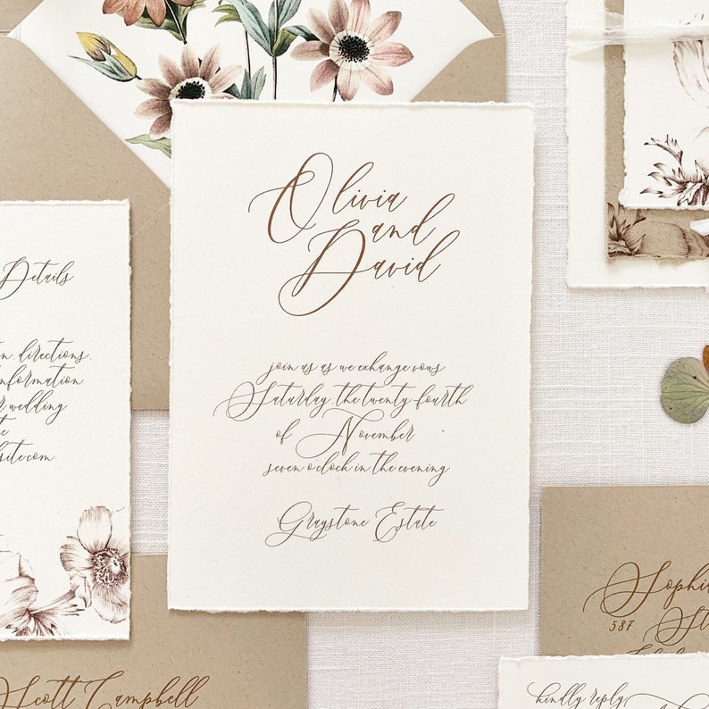 Autumn Script Wedding Invitation with Daisy Floral Envelope Liner Hand Torn Wedding Invitation printed on Cotton Cardstock Sample Set image 3