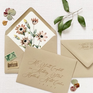 Autumn Script Wedding Invitation with Daisy Floral Envelope Liner Hand Torn Wedding Invitation printed on Cotton Cardstock Sample Set image 4