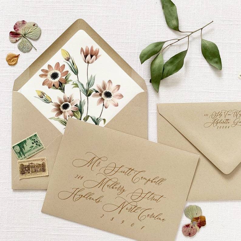 Autumn Script Wedding Invitation with Daisy Floral Envelope Liner Hand Torn Wedding Invitation printed on Cotton Cardstock Sample Set image 4