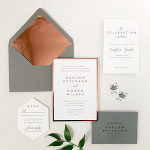 Copper and Grey Modern Wedding Invitation Set Sample Copper Invitations Grey Wedding Invitations SAMPLE SET image 1