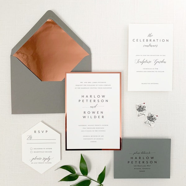 Copper and Grey Modern Wedding Invitation Set Sample - Copper Invitations - Grey Wedding Invitations - SAMPLE SET