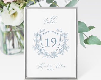 Dusty Blue Crest Table Numbers - classic table number cards - wedding table numbers - reception table numbers