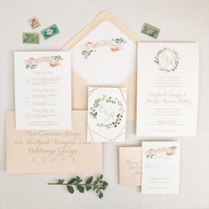 Geometric Floral Wedding Invitation - Blush Watercolor Invitation - Greenery Wreath Monogram Wedding Invitation - SAMPLE SET