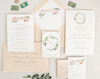 Geometric Floral Wedding Invitation - Blush Watercolor Invitation - Greenery Wreath Monogram Wedding Invitation - SAMPLE SET