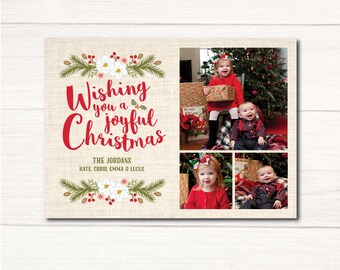 Christmas Photo Card in Pine Garland Design - Holiday Photo Card - Printed or Printable File