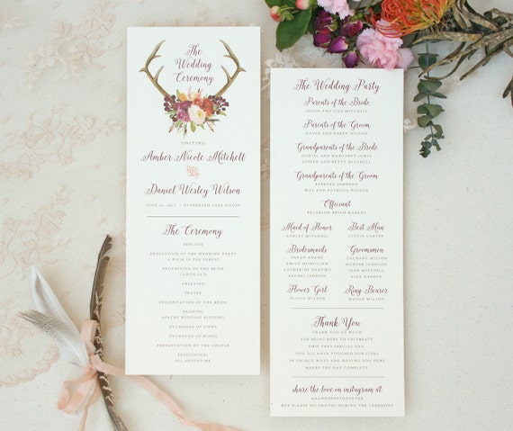 Boho Antler Wedding Program With Wine Floral Design Rustic