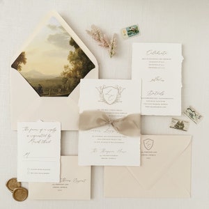 Gold Crest Wedding Invitation printed on Cotton Cardstock with Hand Torn Edge and Vintage Envelope Liner Sample Set image 1