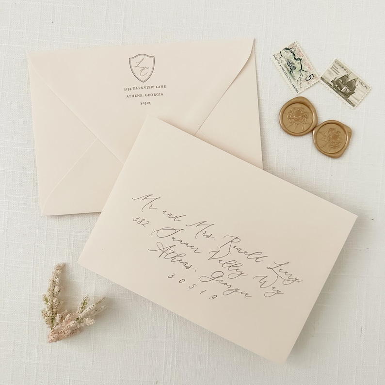 Gold Crest Wedding Invitation printed on Cotton Cardstock with Hand Torn Edge and Vintage Envelope Liner Sample Set image 6
