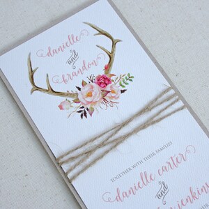 Rustic Wedding Antler Invitation Suite with Twine Wrap Blush Floral Antler Wedding Invitation SAMPLE image 3