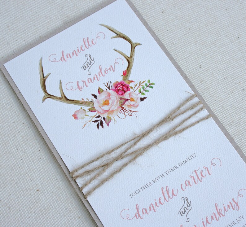 Rustic Wedding Antler Invitation Suite with Twine Wrap Blush Floral Antler Wedding Invitation SAMPLE image 3