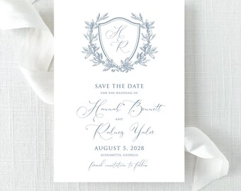 Dusty Blue Crest Save the Date - Traditional Save the Date - classic save the date