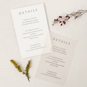 May include: Two white cards with black text detailing wedding reception information. The text includes the details for drinks and dinner, accommodations, and information for additional details. The text on the cards reads "Details", "Drinks & Dinner", "Join us following the ceremony for cocktails, dinner and dancing", "Accommodations", "A block of rooms have been reserved at the Whitley", "3434 Peachtree Road, Atlanta, GA 30326", "(404) 237-2700", "Information", "For additional details visit our website at www.yourwebsite.com".