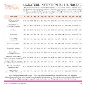 May include: A white pricing chart for Tiger Lily Invitations featuring a table with rows for various invitation suite items and columns for quantities ranging from 50 to 225, displaying dollar amounts for each item and quantity combination.