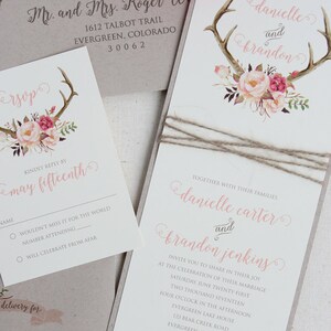 Rustic Wedding Antler Invitation Suite with Twine Wrap Blush Floral Antler Wedding Invitation SAMPLE image 5