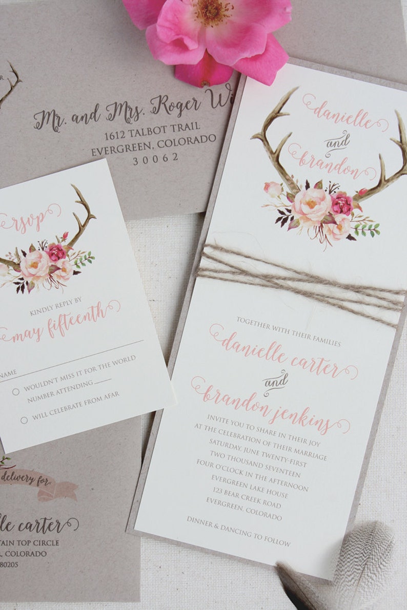 Rustic Wedding Antler Invitation Suite with Twine Wrap Blush Floral Antler Wedding Invitation SAMPLE image 5