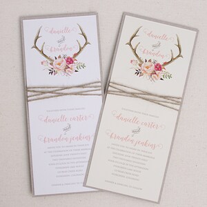 Rustic Wedding Antler Invitation Suite with Twine Wrap Blush Floral Antler Wedding Invitation SAMPLE image 4