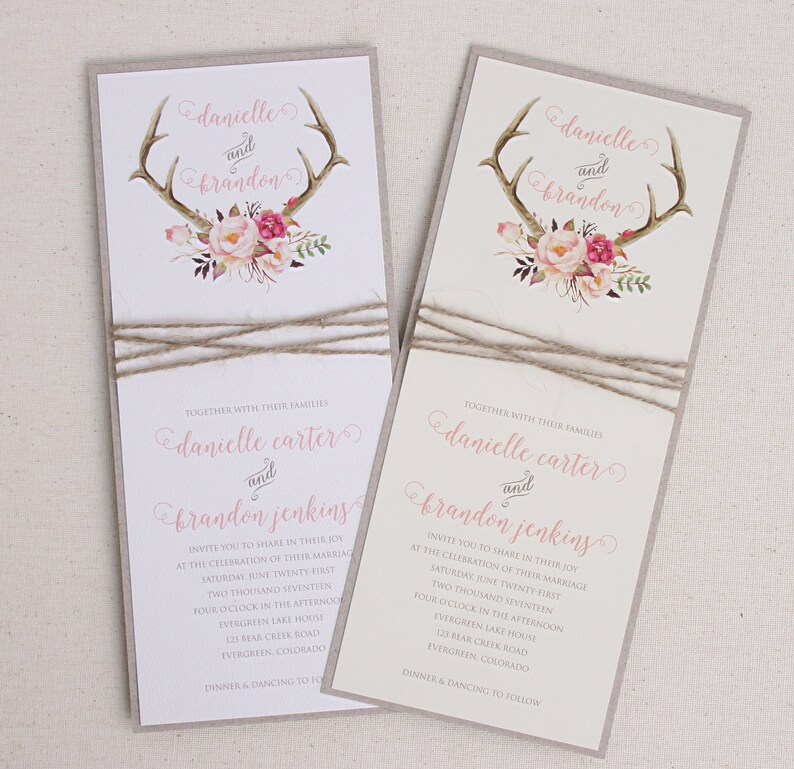 Rustic Wedding Antler Invitation Suite with Twine Wrap Blush Floral Antler Wedding Invitation SAMPLE image 4