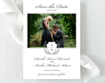 Classic Crest Photo Save the Date - Traditional Save the Date - grey and white save the date