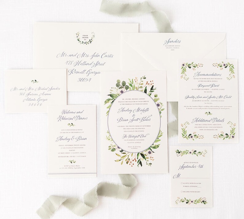 Greenery Wedding Invitation with Calligraphy Script SAMPLE SET image 1