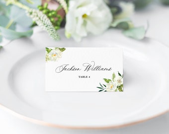 White Flower Place Cards with printed guest names - Traditional Escort Cards - Modern Place Cards