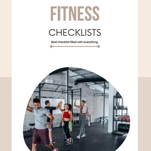 May include: A group of people are exercising in a gym. They are all wearing workout clothes and are smiling. The gym has a concrete floor and a lot of equipment. The text "FITNESS CHECKLISTS" is at the top of the image. The text "Best checklist filled with everything" is below the title.