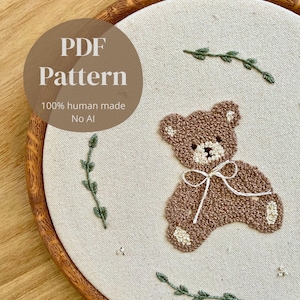 Teddy Bear Embroidery Pattern – Minimal Nursery Wall Art | PDF Hand Embroidery Pattern