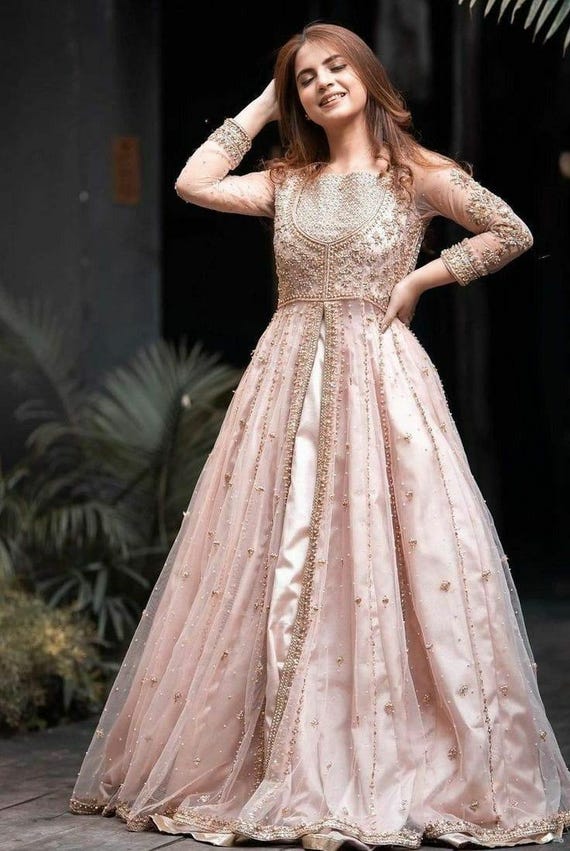 style party wear long coat dress wedding Elegant Embellished Blush Pink Bridal/party Wear Gown