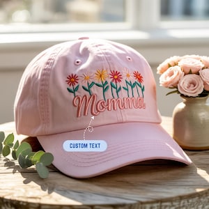 Custom Momma Flower Embroidered Hat, Personalized Wash Hat or Baseball Cap for Mom, Mother&#39;s Day Gift, Floral Stitch Mom Hat
