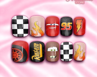 Car Racing Adventure Handmade Nails Press On Nail - Lightning Cartoon Custom Fake Nails