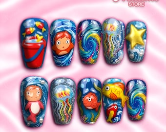 Ponyo Firework Handmade Press-On Nail Set, Magical Ocean Manga  Personalized Nails Art