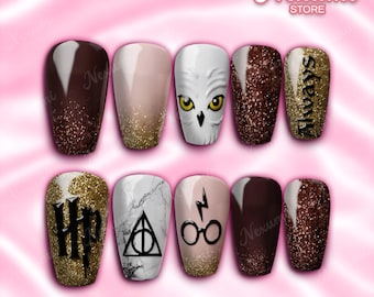 Wizarding Magic Handmade Nails Press On Nail - Owl Wizard Symbol Fantasy Custom Fake Nails