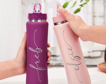 Personalized Insulated Water Bottle, Engraved Drinking Bottle, Custom Stainless Steel Bottle with Straw, 20oz Beach Bottle, Sports Water Cup