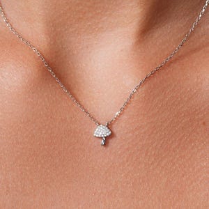 Sterling Silver Mushroom Charm Necklace: Rhodium Plated Woodland Pendant