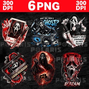 May include: Six horror-themed graphic designs featuring the Ghostface mask from the Scream franchise. Designs include a photo, a TV, a VHS tape, a full moon scene, and a telephone, all with the mask and a knife. Text includes "Call me", "Have you seen a ghost?", "Do you like scary movies?", "What's your favourite scary movie?", and "Scream".