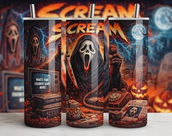 Scream Ghostface 20oz Tumbler Wrap PNG - 'What's Your Favorite Scary Movie?' Sublimation Design - Retro Horror Movie Tumbler Skin 300 DPI